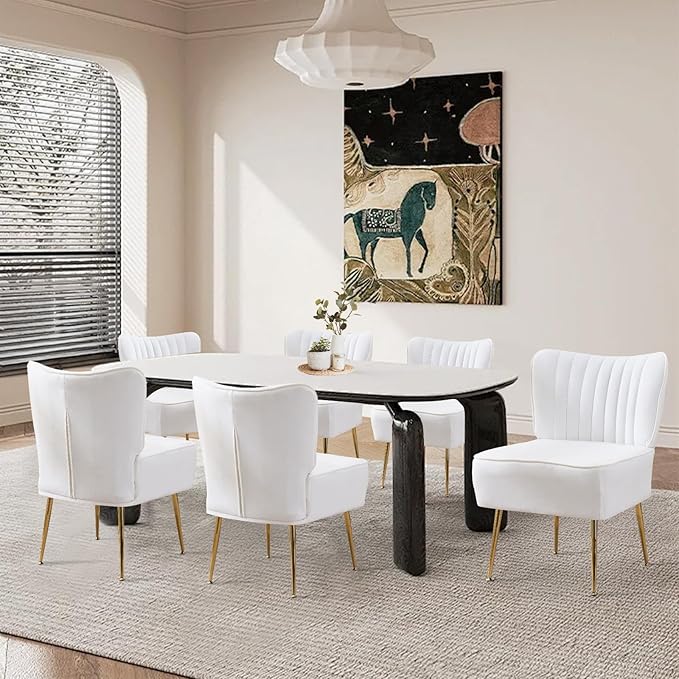 Accent Chair Set of 2 Upholstered Velvet Wingback Side Chairs Modern Armless Living Room Chairs with Golden Legs Vanity Chair for Bedroom White