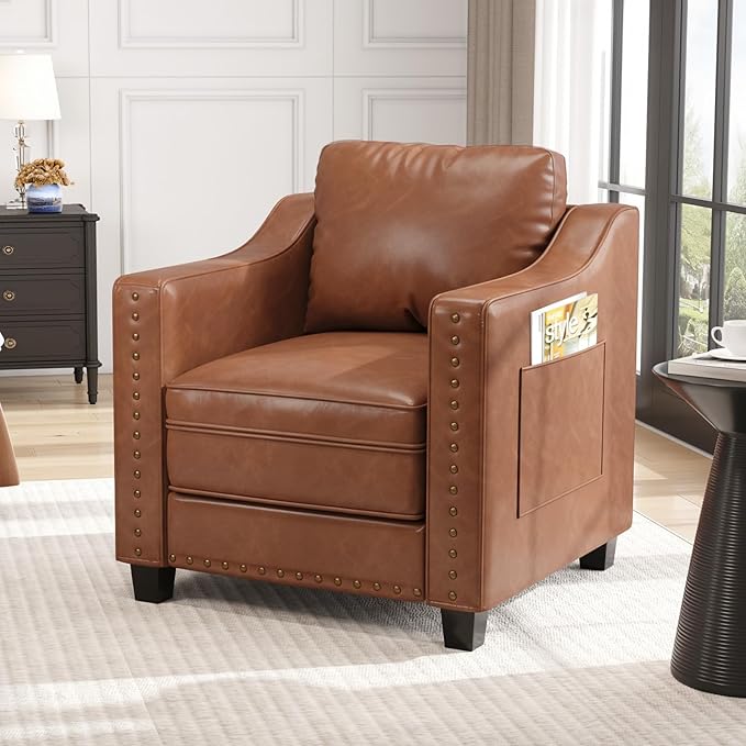 Mid Century Modern Accent Chair 30 Inches PU Leather Armchairs Barrel Chair Living Room Chairs Club Chair with Cushion Reading Chair for Bedroom Apartment Reading Room Brown
