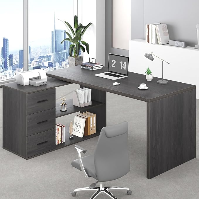 HSH L Shaped Computer Desk with Drawers L Shaped Desk with Storage Cabinet Shelves Large Reversible Corner Executive Home Office Desk Industrial Wood Work Writing Study Table WorkstationGray 60 In