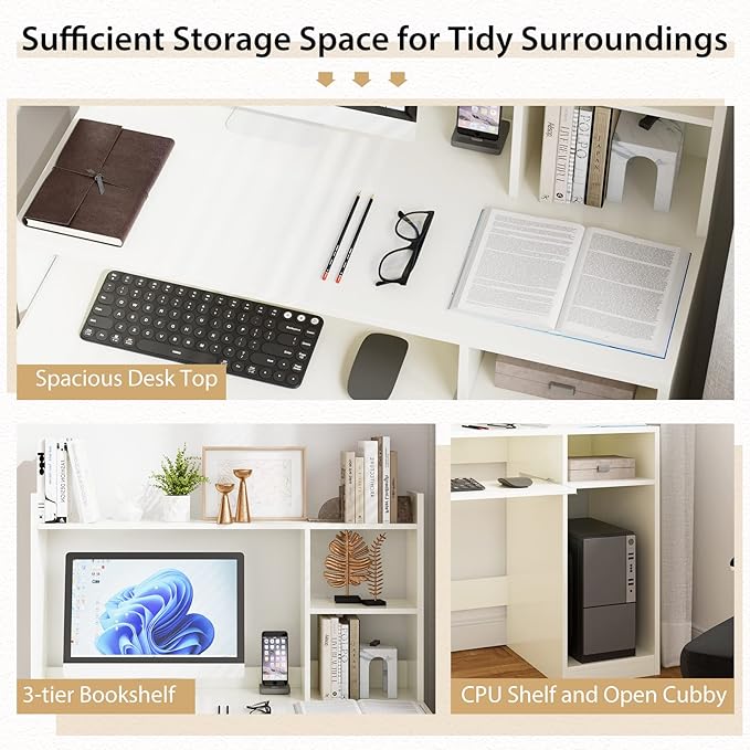 Home Office Desk w/Hutch Gaming Table Workstation w/Keyboard Tray CPU Stand &amp Bookshelf Modern &amp Space-Saving Writing Desk for Dorm Bedroom White