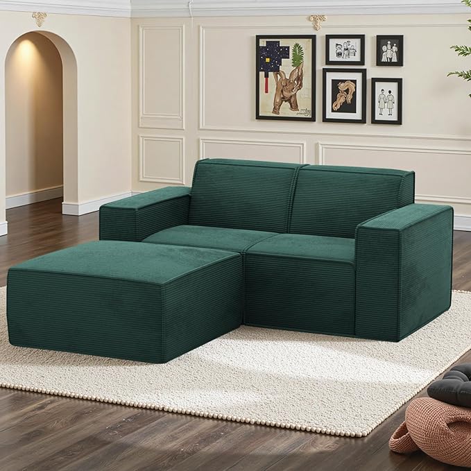 Cozy Castle 71 Loveseat Sofa L Shaped Comfy Corduroy Boneless Couch with Deep Seat and Ottoman Chaise Cloud Sofa Upholstered Couches for Living Room Bedroom No Assembly Required (Green)