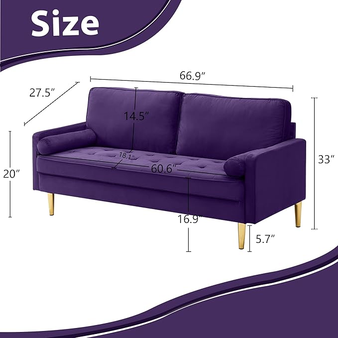 67in Modern Velvet Loveseat Sofa Couch Mid-Century Tufted Upholstered Small Love Seat Couch with 2 Pillows &amp 4 Golden Legs 2-Seats Couches for Compact Space Living Room Apartment (Purple)