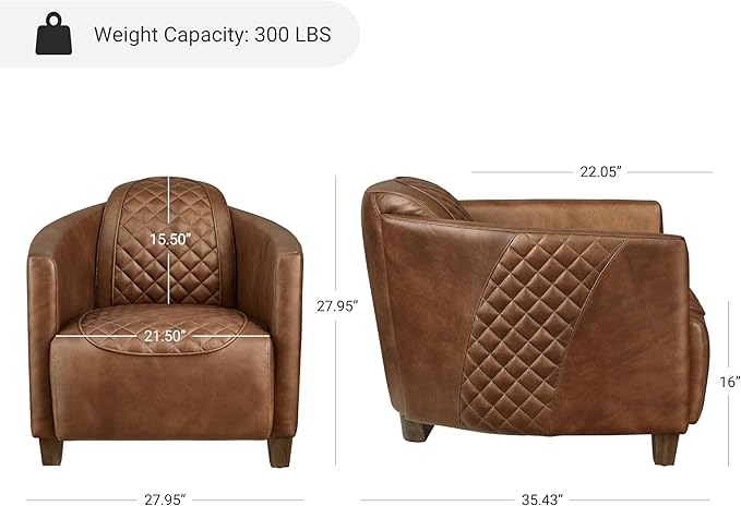 Zouron Genuine Leather Living Room Chair Mid Century Modern Single Sofa Chair with Wooden Legs Upholstered Barrel Accent Chair for Living Room Bedroom Home Office 1 Pcs Chocolate