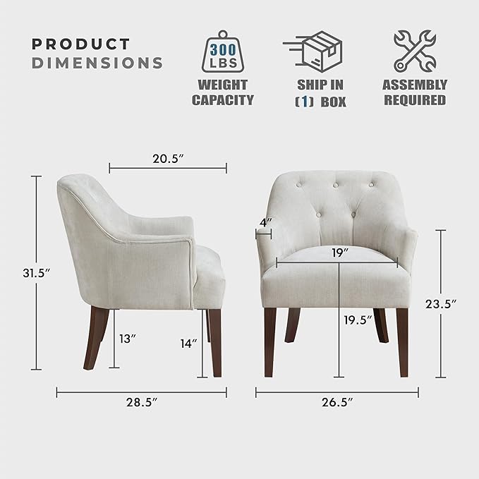 Lexicon Modern Accent Chair Textured Fabric Upholstered Arm Chair with Button Tufted Back Sloped Flared Arms and Wooden Legs for Living Room/Bedroom Oyster