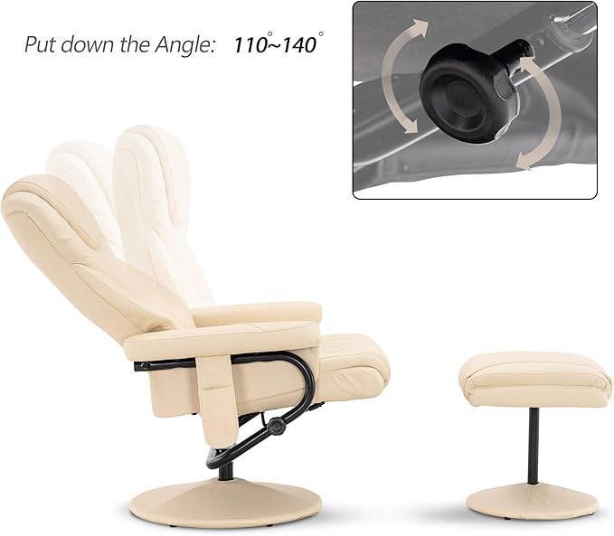 MCombo Recliner with Ottoman Reclining Chair with Massage 360 Swivel Living Room Chair Faux Leather 4901 (Cream White)