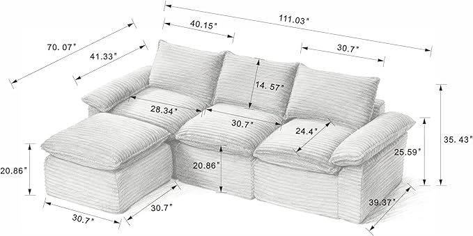 KEIKI 111 L-Shaped Oversized Corduroy Modular Sectional Sofa with 1 Ottoman &amp High-Density Foam Cushion &amp Pillows Upholstered Modern Cloud 3-Seater Couch Easy Assembly for Living Room Whi