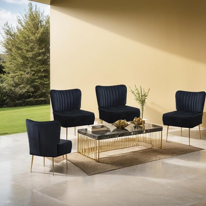 Accent Chair Set of 4 Upholstered Velvet Wingback Side Chairs Modern Armless Living Room Chairs with Golden Legs Vanity Chair for Bedroom Black