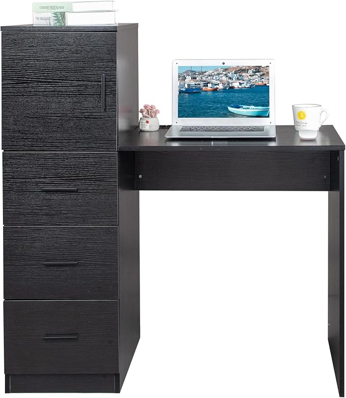YUNWANG Computer Desk with 4 Drawers and Shelves Gaming Desk with Power Outlets Office Work Study Laptop Desk for Home Office Small Spaces