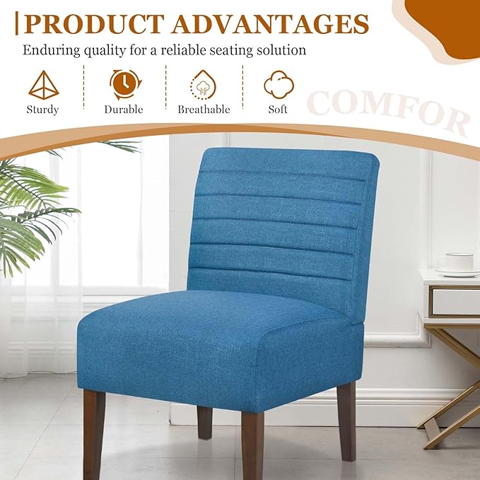Modern Accent Chair for Living Room Upholstered Armless Slipper Chair with Back &amp Wood Legs Comfy Small Chair for Bedroom Living Room Reading Spaces Office (Blue)