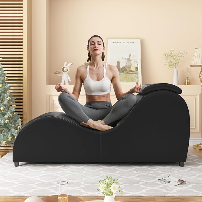 BALUS 60'' Yoga Chairs Curved Chaise Lounge Chair for Adults Stretching Exercising Relaxing Ergonomically Designed Yoga Sofa Lounges Chair with Head Cushion for Living Room Bedroom Black