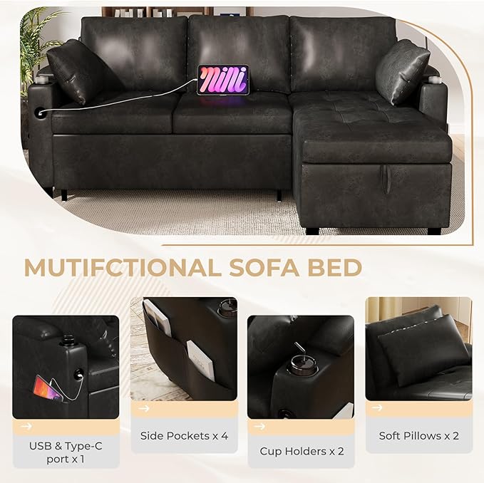 Esright Sleeper Sofa Bed 3-in-1 Pull Out Couch with Reversible Chaise Leather Sleeper Sofa with Storage USB Cup Holder Pullout Sectional Couches for Apartment Living Room Black | Hidden Storage