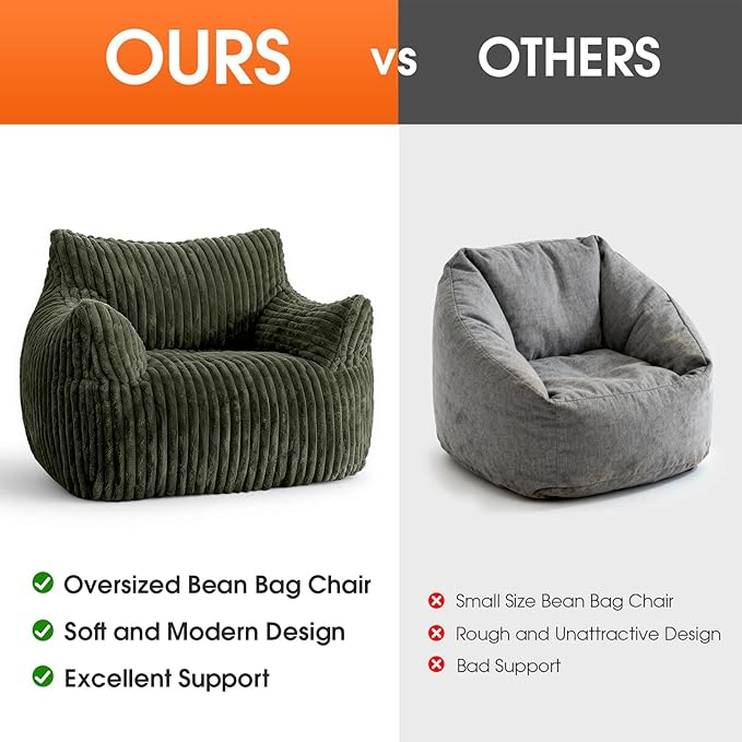 Giant Bean Bag Chair for Adults Oversized Memory Foam Bean Bag Sofa with Armrests Large Comfy Fluffy Single Lounges Mini Couch for Living Room Bedroom &amp Dorm(Green)