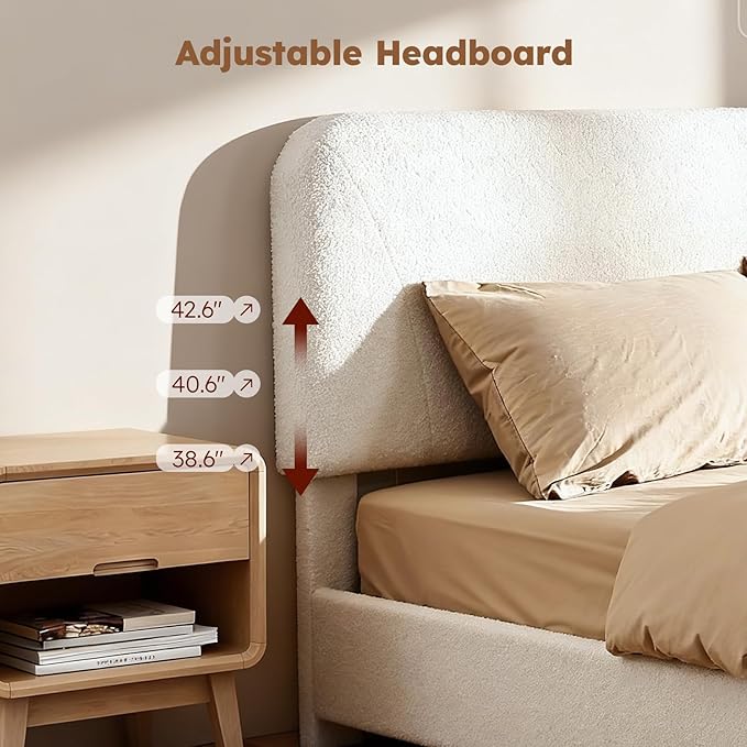 Full Size Cloud Bed Frame Upholstered Boucle Bed Frame with Adjustable Headboard Solid Wood Legs Rounded Corners Design &amp Easy Assembly – Modern Platform BedCream