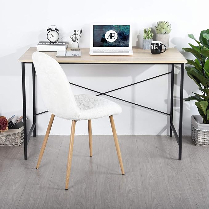 Modern Computer Desk with Light Wood Top 47.2 x 23.6 Writing Table Black Metal Frame with Cross Brace Minimalist Home Office Desk for Study or Workstation or Entryway