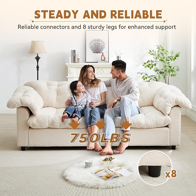3-Seater Couch 94.8-inch Oversized Modern Comfy Tufted Chenille Fabric Cloud Fluffy Foam Deep Seat Soft Loveseat Sofa Couch for Living Room Bedroom Office Beige