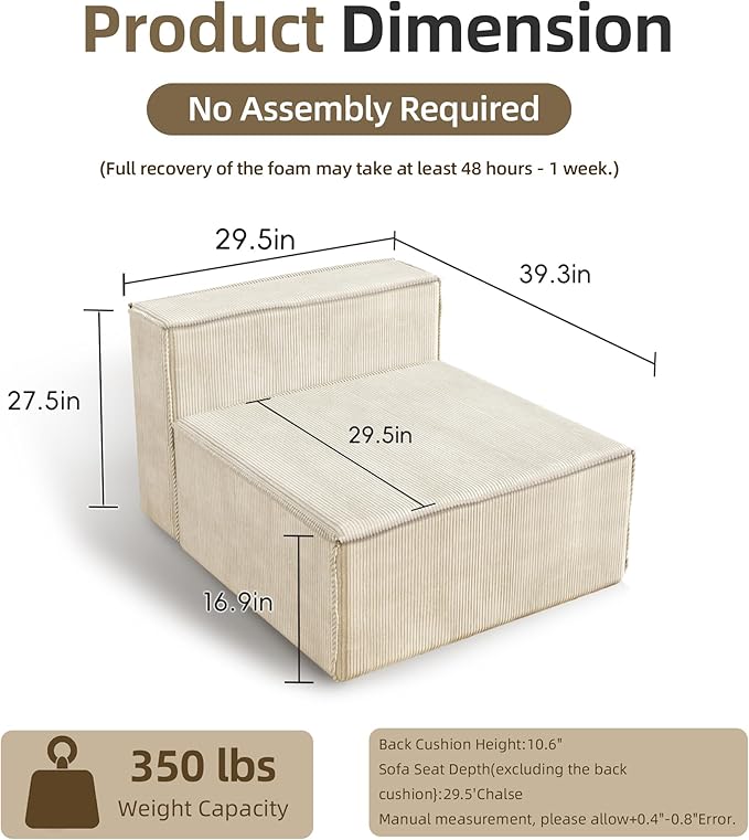 DONICK Premium Modern Modular Sectional Comfy Cloud Couch Corduroy Sofa with Deep Seat Upholstered Couches DIY Combination No Assembly Required for Living Room Bedroom Beige Armless