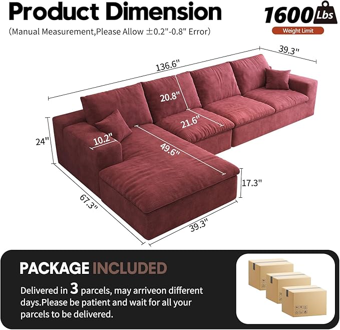 136.6'' L-Shaped Modern Modular Sectional Cloud Couch 4-Seat Chenille Deep-Seat Sofa with Pillow for Living Room Bedroom Apartment Wine Red