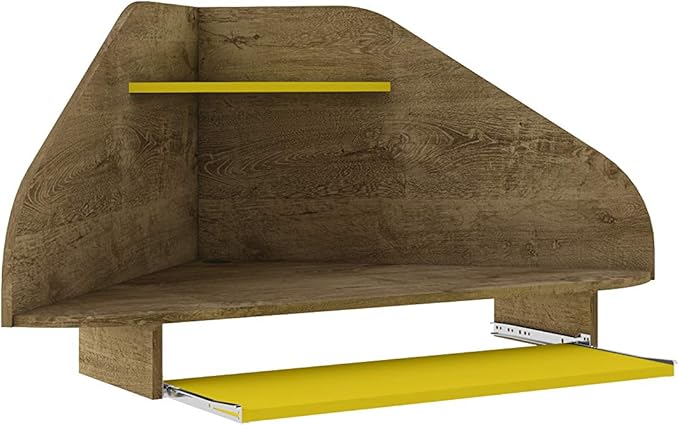 Manhattan Comfort Bradley Corner Floating Desk with Shelves &amp Gliding Keyboard Drawers Wall Mounted Table for Small Spaces Home Office and Bedroom Mid Century Modern Design Rustic Brown/Yellow