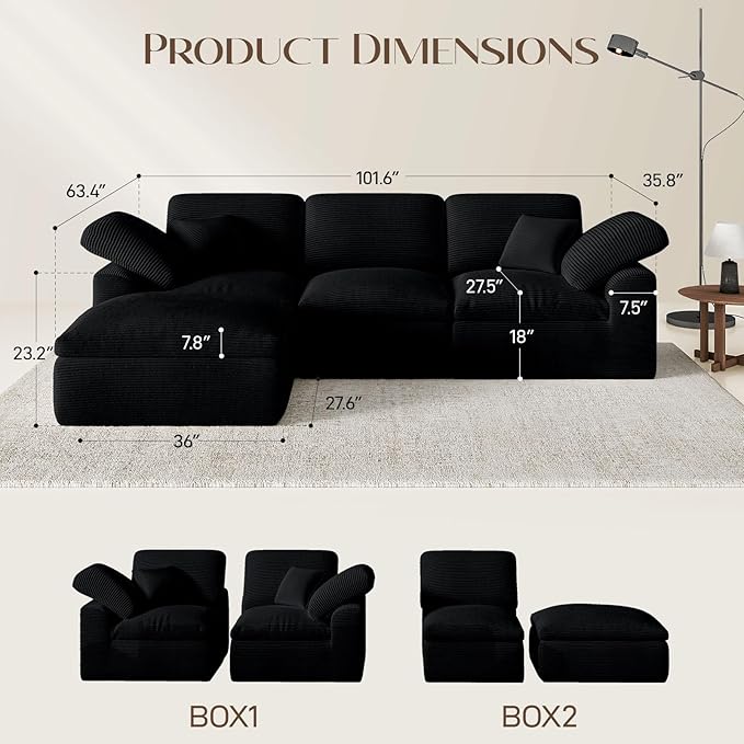 Cloud Sectional Couches for Living Room L Shaped Modular Sectional Sofa with Ottoman Convertible Corduroy Couch for Apartment 4 Seater Boneless Comfy Cloud Sofa No-Assembly Black