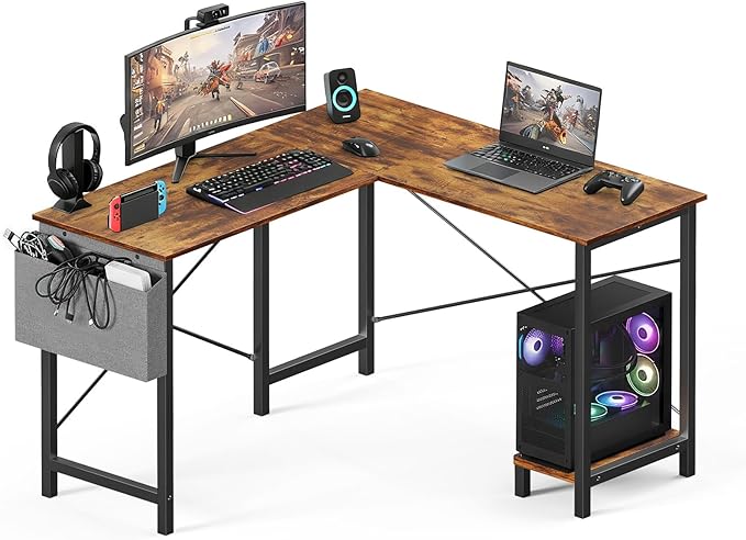 OLIXIS L Shaped Desk 50-Inch Office Computer Gaming Desks Corner PC Table with Side Bag and Reversible Shelf for Home Work Study Writing Rustic Brown