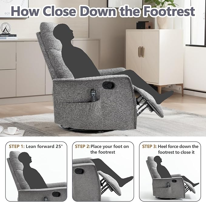 Massage Chair Recliner with Heat Swivel Rocking Chair Recliner with High Back Manual Nursery Recliners for AdultsSmall Recliner Chair for Small Spaces Living Room Bedroom Fabric (Light Grey)