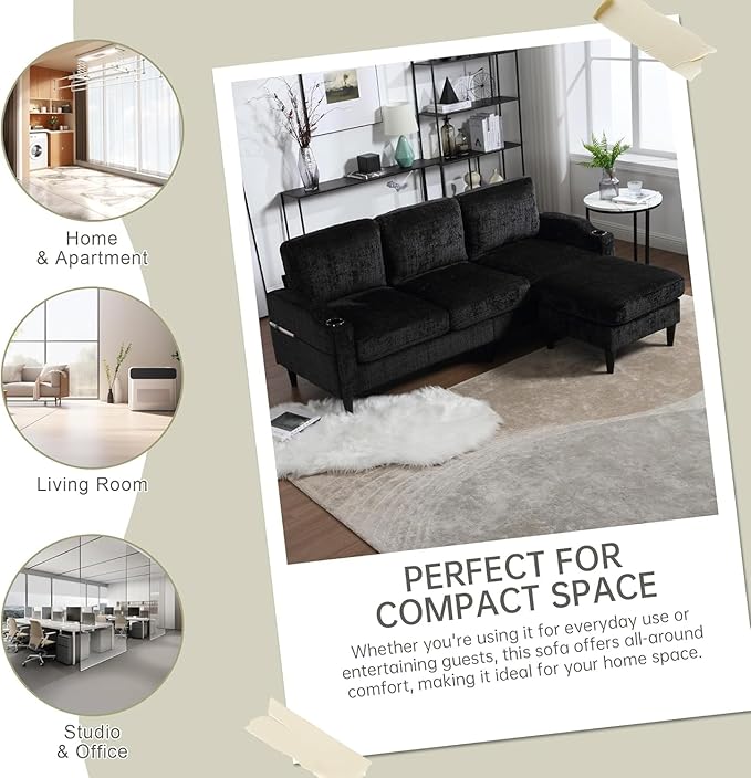 L Shaped Couch with Storage Ottoman 77 Chenille Small Sectional Couches with 2 Cup Holders &amp Storage Pocket for Small Space Comfy Cloud Sectional 3 Seater Couch Black