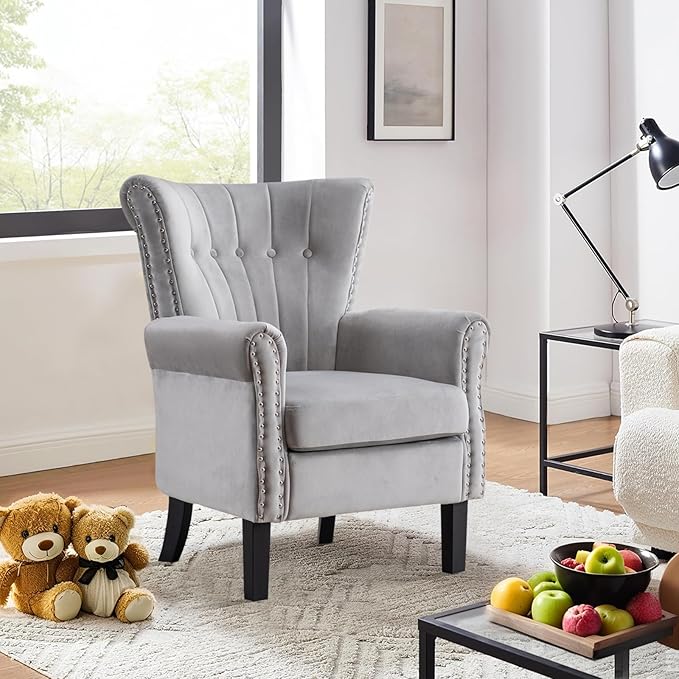 Velvet Accent Chair Single Modern Armchair with Riveted Decorative Mid-Century High Wingback Reading Chair Sturdy Sofa Living Room ChairsGrey