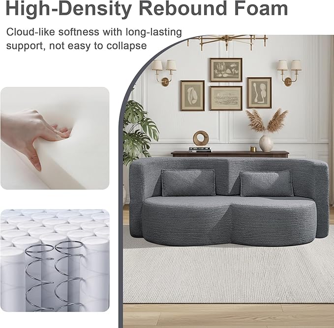 79 Inch Boneless Loveseat Sofa: 2-in-1 Convertible Teddy Velvet Cloud Double Sofa Minimalist Curved Cloud Sofa Bed for Living Room Apartment &amp Small Spaces (Gray)