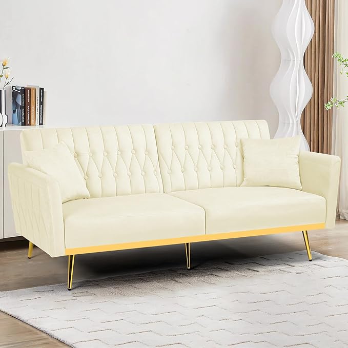 70 Velvet Futon with Adjustable Backrest and Armrests Sofa Bed with Extra Pillows for Waiting Room Living Room and Office Beige