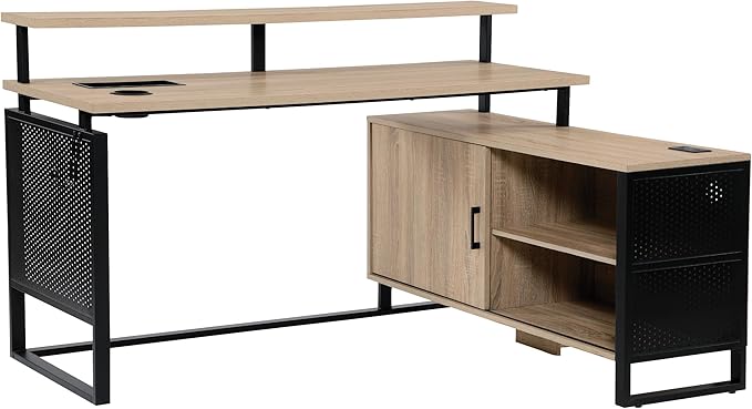 OSP Home Furnishings Ace Contemporary Modern Home Office Desk with Shelf L-Shape with River Oak Finish