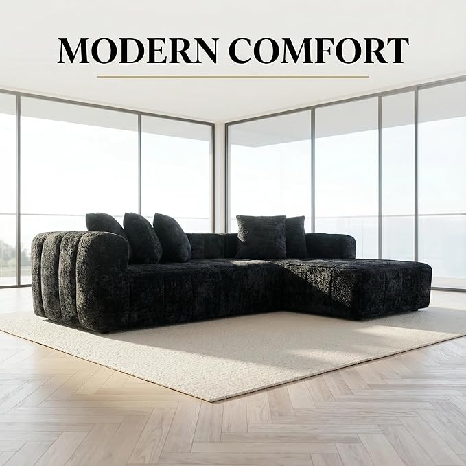 107.9“Cloud Sectional Boneless Couch Modular Sofa with Deep Seat 5 Pillows L-Shaped Free Combination Soft Boucle Fabric 1400 lbs Capacity Living Room Apartment. (Black Right Hand Facing) | No Assembl