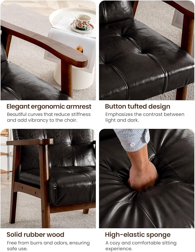 Mid Century Modern Accent Chairs for Living Room Comfy Bedroom Chairs for AdultsSmall Wide Reading Nook Arm Chair 105° Ergonomic Cozy Black Leather Armchair with Rubber Wood