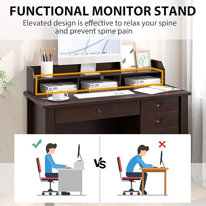 GOFLAME 48” Computer Desk with Hutch Vintage Home Office Desk with Storage Drawers &amp Shelves Space Saving Laptop PC Table Wooden Study Writing Workstation Brown