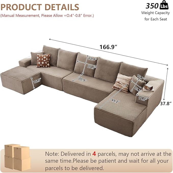Cloud Modular Sectional Sofa for Living Room167x69.7 Oversized U-Shaped Couch with 7 PillowsBig Comfy Couches SetFluffy Corduroy Sofa with Ottoman &amp ChaiseNo Assembly(CamelRight-Facing Chaise