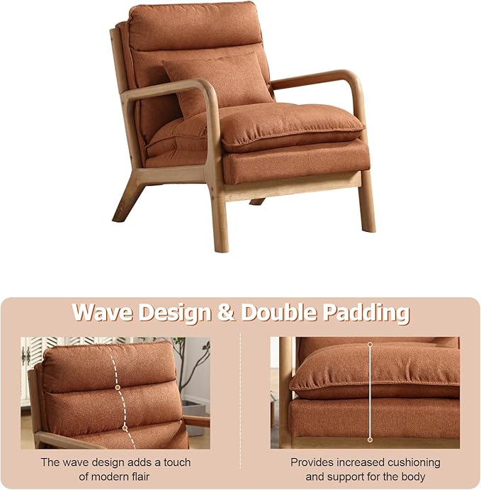 INZOY Accent Chairs Set of 2 Mid Century Modern Accent Chair with Wood Frame Upholstered Reading Armchair with Waist Cushion Side Chair for Living Room Bedroom Office Easy Assembly Brown