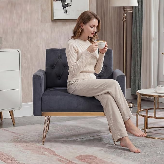Olela Accent Chair with Arm for Living Room Velvet Modern Armchair Single Sofa Cozy Tufted Upholstered Reading Side Chairs with Gold Metal Leg for Bedroom Decorate