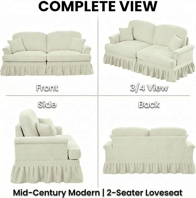 Casaphoria Mid-Century Modern Oversized Loveseat Sofa 2-Seater Chenille Couch with Removable Ruffle Skirt Flared Arms Spindle Legs &amp Throw Pillow for Living Room Apartment