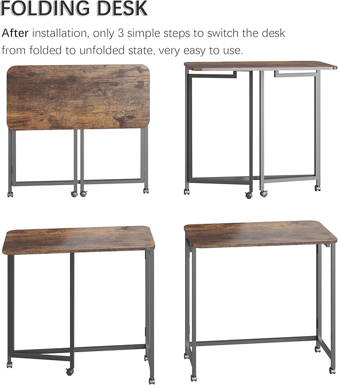 4NM 31.5 Mobile Small Rolling Computer Desk Folding Laptop Cart Table with Wheels Portable Office Desk for Small Space Couch Bed - Rustic Brown and Black