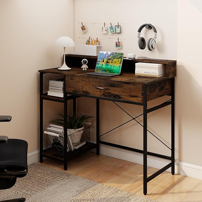 Giantex Computer Desk with Drawer 42 Small Computer Workstation w/Charging Station &amp Monitor Stand PC Laptop Desk with Storage Shelves Writing Desk for Small Space Home Office Rustic Brown