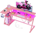 55 Inch Pink Gaming Desk with Power Outlet &amp LED Lights Corner Computer Desk with 3 Tiers Storage Shelves L Shaped Gaming Desk with Monitor Stand for Bedroom