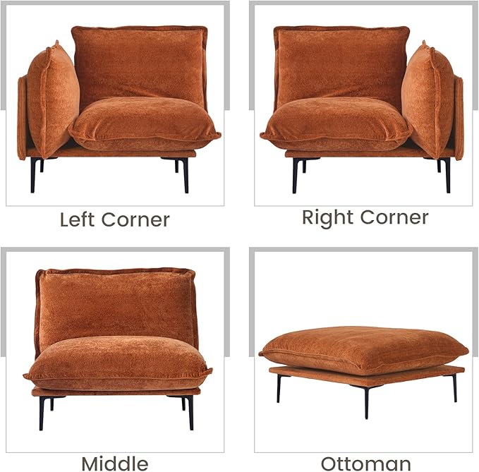 WJShome Sectional Couches for Living Room Velvet 147 Modern 4 Seater Sofa with Removable Cushions Comfort Deep Seat ForApartment 8 High Metal Legs Easy to Clean Terracotta