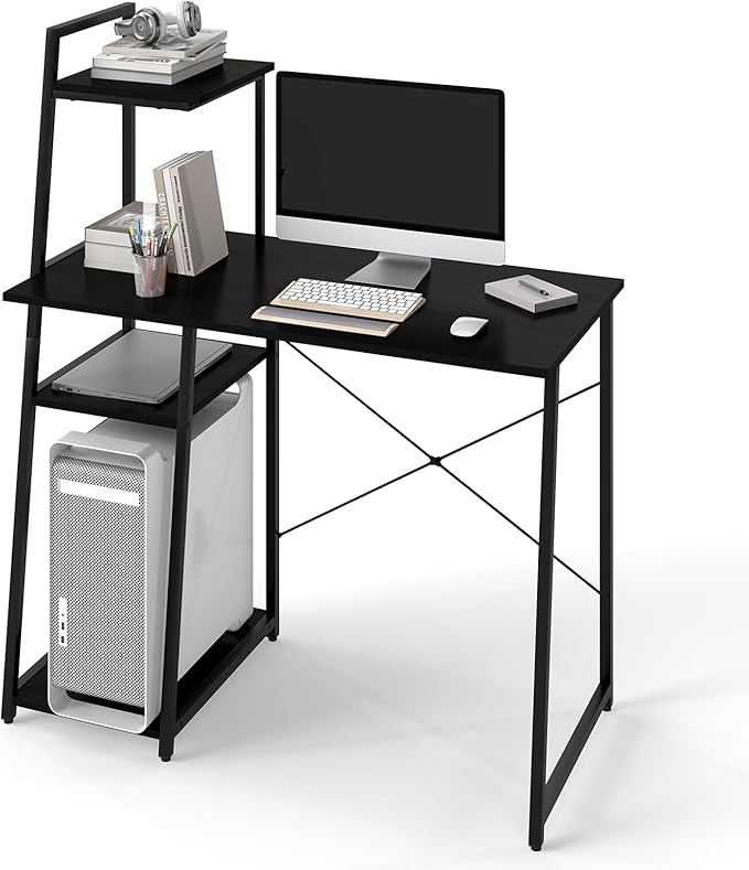 Tangkula Computer Desk with Shelves Space Saving Home Office Desk with 3-Tier Ladder Shaped Storage Bookshelf Modern Writing Study Desk with Metal Frame Compact Computer Workstation (Black)