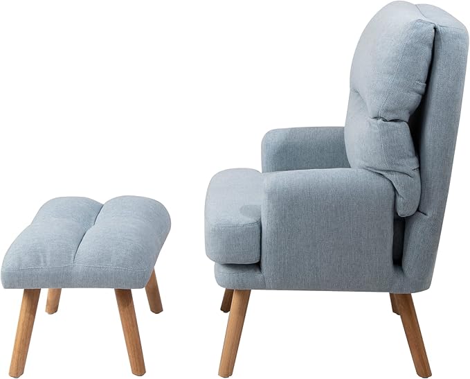 Accent Chair with Ottoman SetFabric Armchair with Wood Legs and Adjustable High Backrest Mid Century Modern Upholstered Lounge Chair for Living RoomBedroomReading Room and Study (Blue)