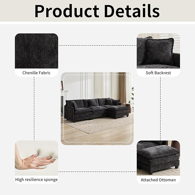 111.5 L Shaped Couch Modular Sectional Sofa Comfy Chenille Cloud Couch with Movable Ottoman and Pillow Modern 3-Seater Deep Seat Sofa for Living Room (BlackL Shaped Sofa)