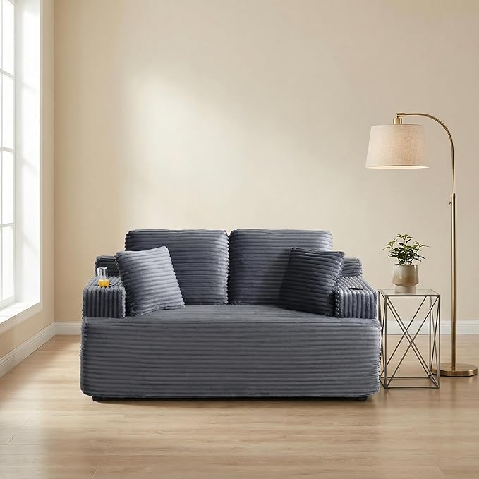 Floor Loveseat Boneless Sofa Couch in a Box with Cup Holder and Side Pockets Corduroy Upholstered 2 Seater Cloud Foam Sofa with Deep Seating for Living Room No Assembly | Breathable material Cuphol