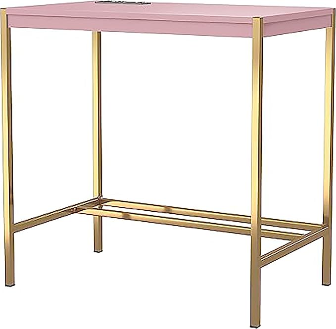 24/7 Shop at Home Fultonville Modern Metal Writing Desk with USB Port Power Outlet for Workstation Home Office Study Room Pink and Gold