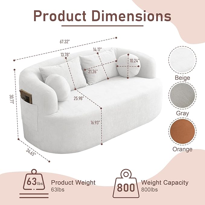 Loveseat Sofa 67.3 Boneless Curved Sofa Filling with Foam and Spring Chenille Small Love Seat for Small Spaces 4 Pillows and Side Pocket Living Room Apartment Bedroom No Assembly