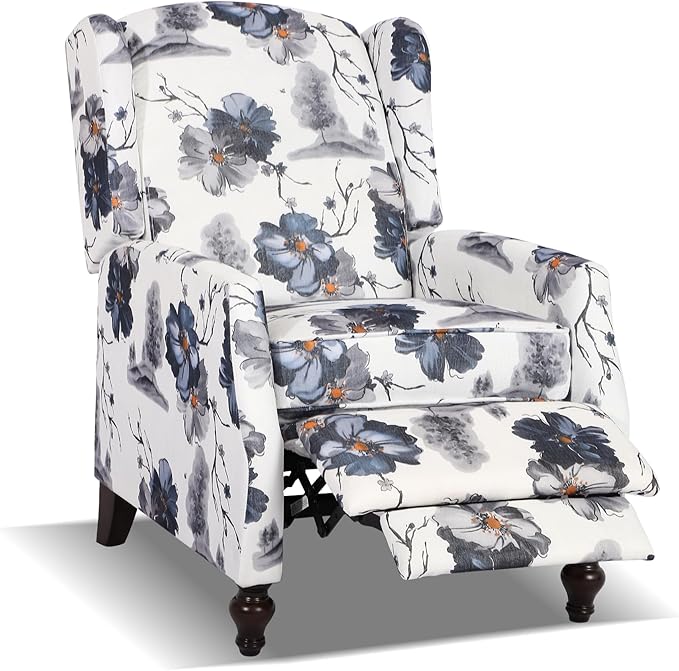 Set of 2 Wingback Recliner Chairs Mid-Century Modern Push-Back Manual Recliners for Adults Upholstered Floral Accent Chairs with Solid Wood Legs for Living Room &amp Bedroom Blue