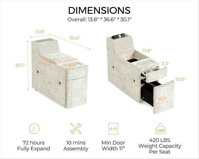Versatile Console for Olar Oversized Modular Couch Fuctional Side Table Wireless Charging Outlets Cup Holders Storage Drawer Combined with Sofa Seat by U-connectors Chenille White