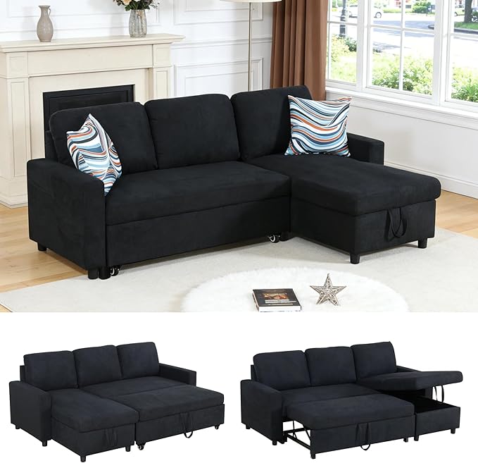 Sectional Sleeper Sofa with Pull Out Bed L Shaped Pull Out Couch with Storage Chaise 3 Seats Convertible Couch Bed for Apartment Living Room Black